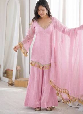Pink mirror work lace border crush silk kurta palazzo set 1