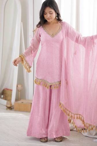 Pink mirror work lace border crush silk kurta palazzo set