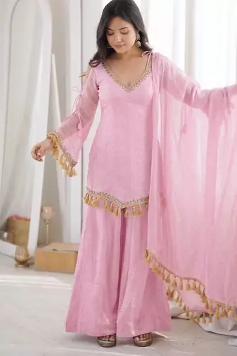Pink mirror work lace border crush silk kurta palazzo set