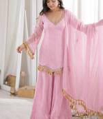 Pink mirror work lace border crush silk kurta palazzo set