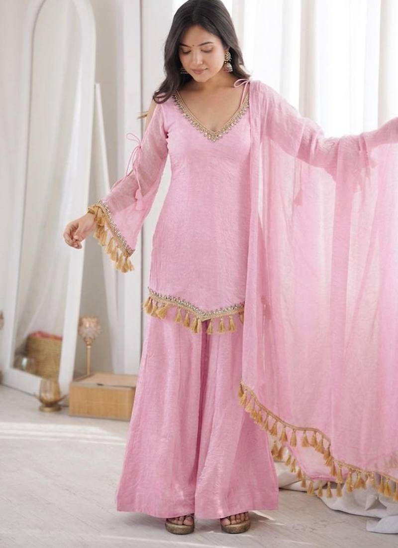 Pink mirror work lace border crush silk kurta palazzo set