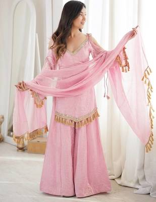 Pink mirror work lace border crush silk kurta palazzo set 2