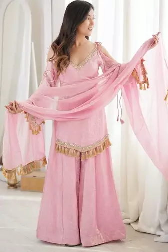 Pink mirror work lace border crush silk kurta palazzo set
