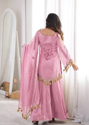 Pink mirror work lace border crush silk kurta palazzo set 3