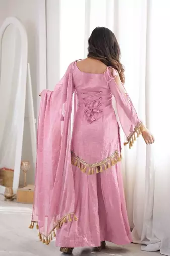 Pink mirror work lace border crush silk kurta palazzo set