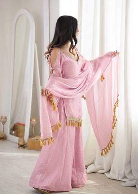 Pink mirror work lace border crush silk kurta palazzo set 4