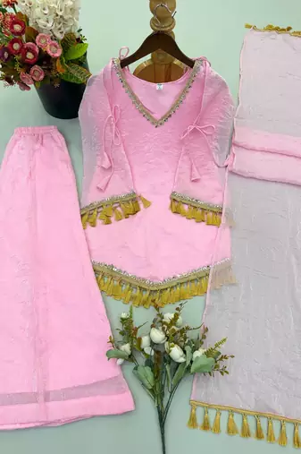 Pink mirror work lace border crush silk kurta palazzo set