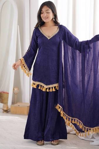 Purple mirror work lace border crush silk kurta palazzo set
