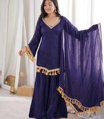Purple mirror work lace border crush silk kurta palazzo set