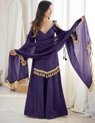 Purple mirror work lace border crush silk kurta palazzo set 2