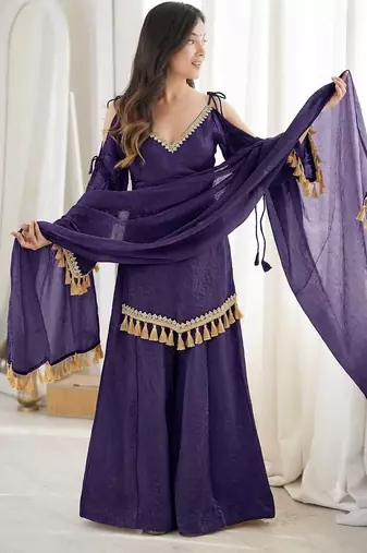 Purple mirror work lace border crush silk kurta palazzo set