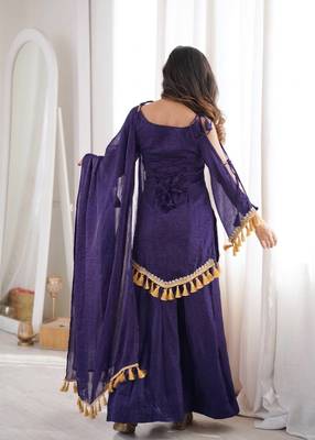 Purple mirror work lace border crush silk kurta palazzo set 3