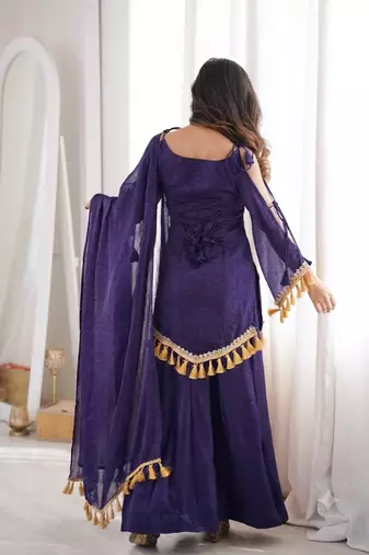 Purple mirror work lace border crush silk kurta palazzo set