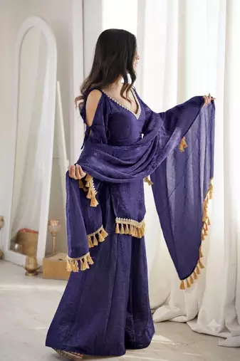 Purple mirror work lace border crush silk kurta palazzo set