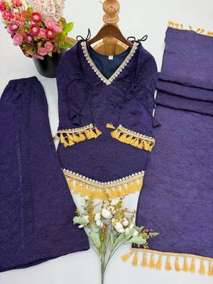 Purple mirror work lace border crush silk kurta palazzo set 5
