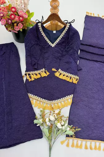 Purple mirror work lace border crush silk kurta palazzo set