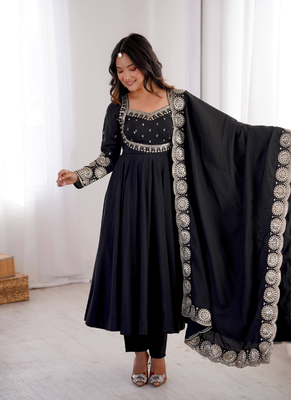 Black sequins embroidered roman silk anarkali set 1