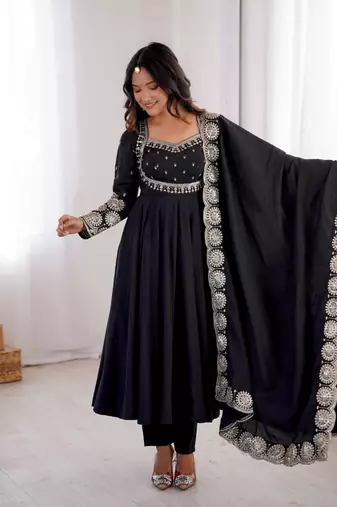 Black sequins embroidered roman silk anarkali set