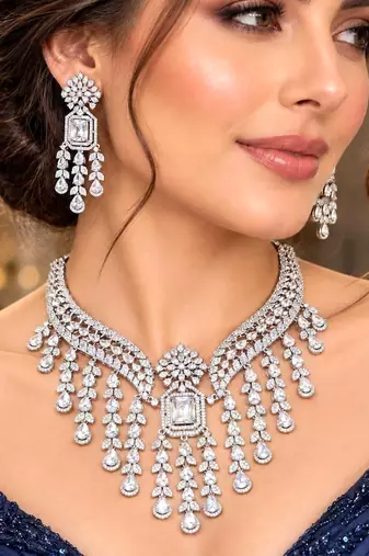 Crystal Bridal Necklace & Earrings Set, Silver Tone CZ Statement Jewelry