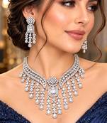 Crystal Bridal Necklace & Earrings Set, Silver Tone CZ Statement Jewelry