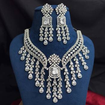 Crystal Bridal Necklace & Earrings Set, Silver Tone CZ Statement Jewelry 2