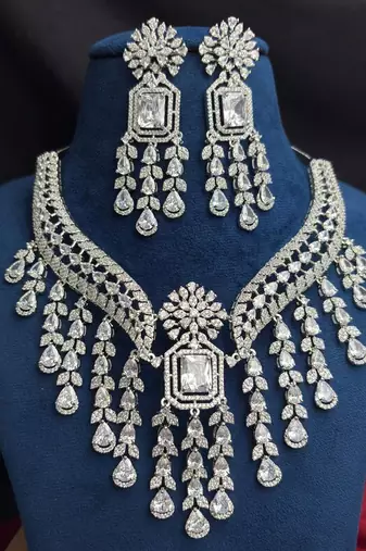Crystal Bridal Necklace & Earrings Set, Silver Tone CZ Statement Jewelry