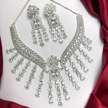 Crystal Bridal Necklace & Earrings Set, Silver Tone CZ Statement Jewelry 3