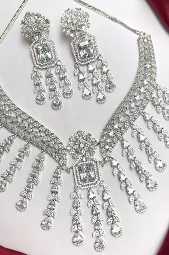Crystal Bridal Necklace & Earrings Set, Silver Tone CZ Statement Jewelry