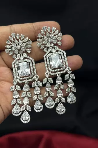 Crystal Bridal Necklace & Earrings Set, Silver Tone CZ Statement Jewelry