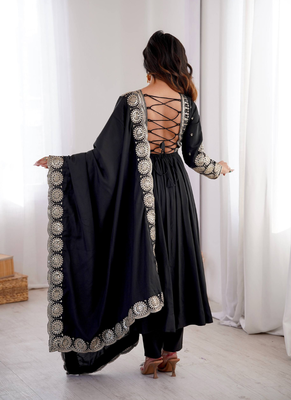 Black sequins embroidered roman silk anarkali set 2