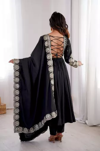 Black sequins embroidered roman silk anarkali set