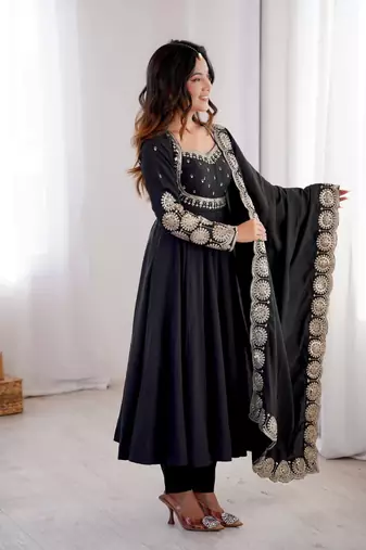 Black sequins embroidered roman silk anarkali set