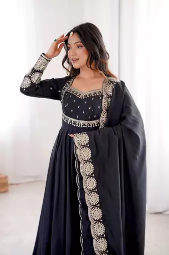 Black sequins embroidered roman silk anarkali set