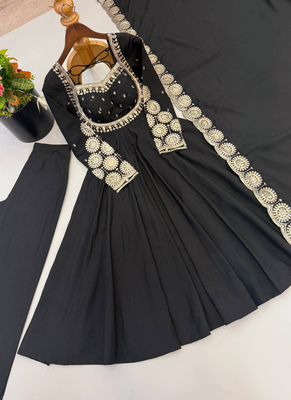 Black sequins embroidered roman silk anarkali set 5