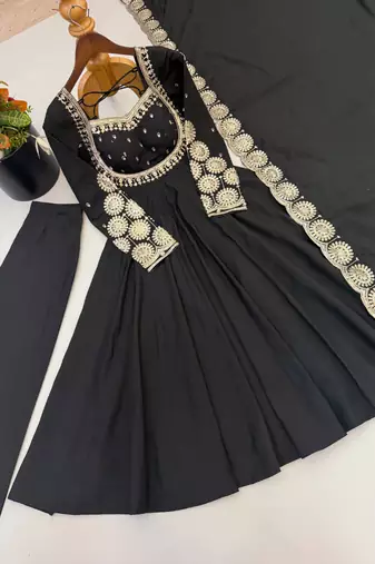 Black sequins embroidered roman silk anarkali set