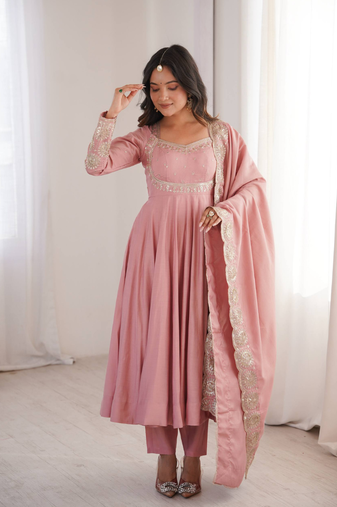 Pink sequins embroidered roman silk anarkali set