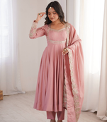 Pink sequins embroidered roman silk anarkali set