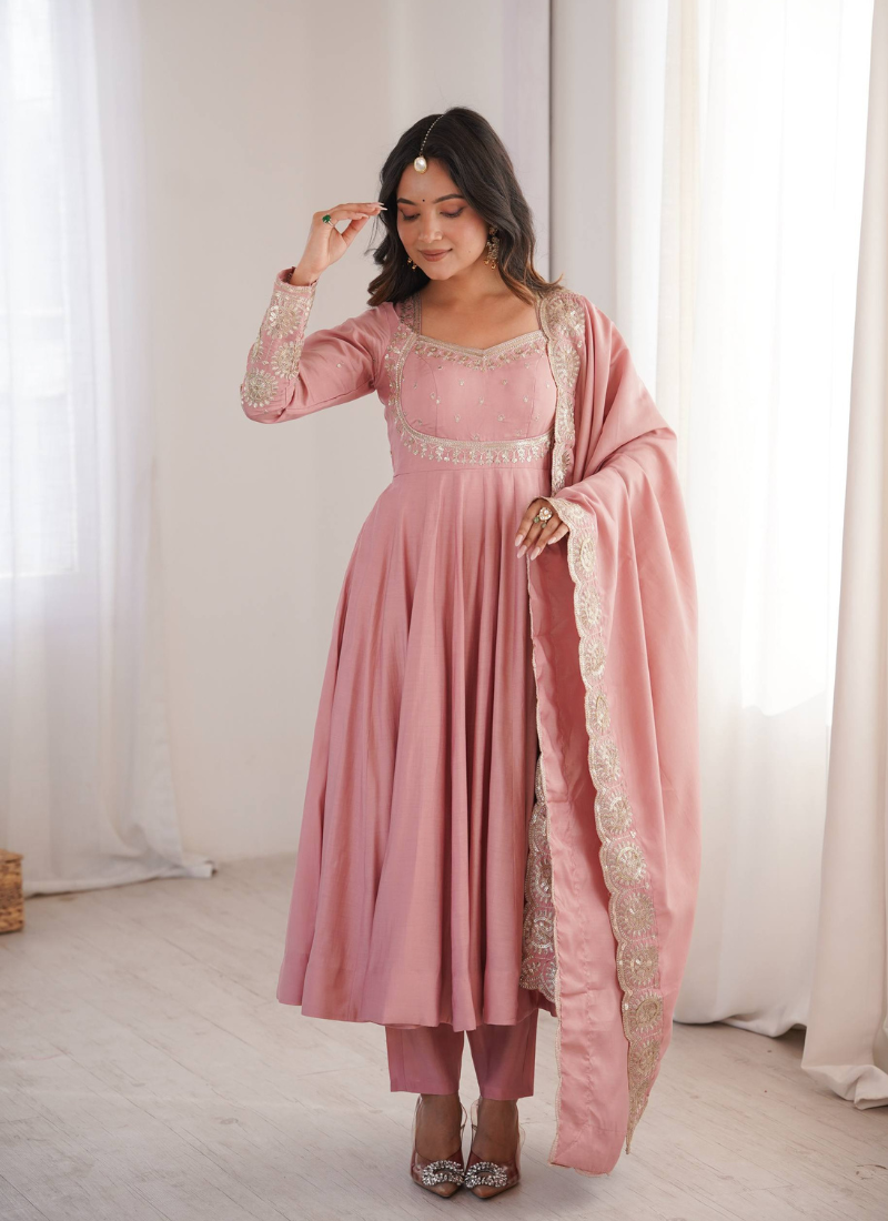 Pink sequins embroidered roman silk anarkali set