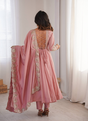Pink sequins embroidered roman silk anarkali set 2