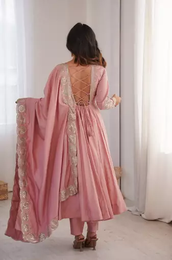 Pink sequins embroidered roman silk anarkali set