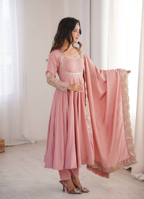 Pink sequins embroidered roman silk anarkali set 3