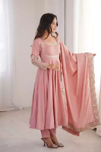 Pink sequins embroidered roman silk anarkali set