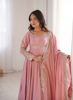 Pink sequins embroidered roman silk anarkali set 4
