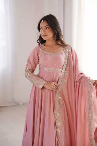 Pink sequins embroidered roman silk anarkali set
