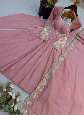 Pink sequins embroidered roman silk anarkali set 5