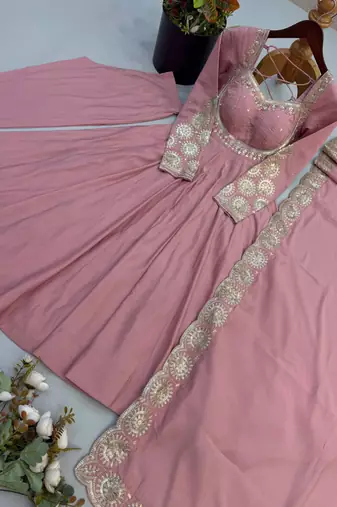 Pink sequins embroidered roman silk anarkali set