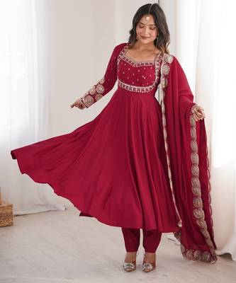 Maroon sequins embroidered roman silk anarkali set 1