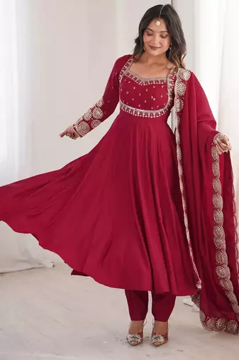 Maroon sequins embroidered roman silk anarkali set