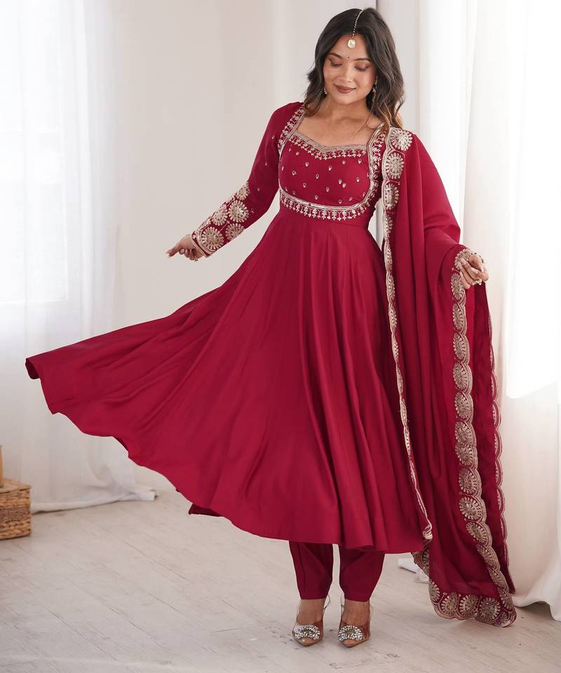 Maroon sequins embroidered roman silk anarkali set