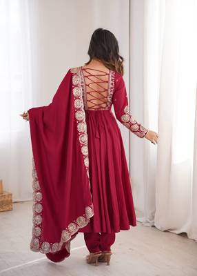 Maroon sequins embroidered roman silk anarkali set 2